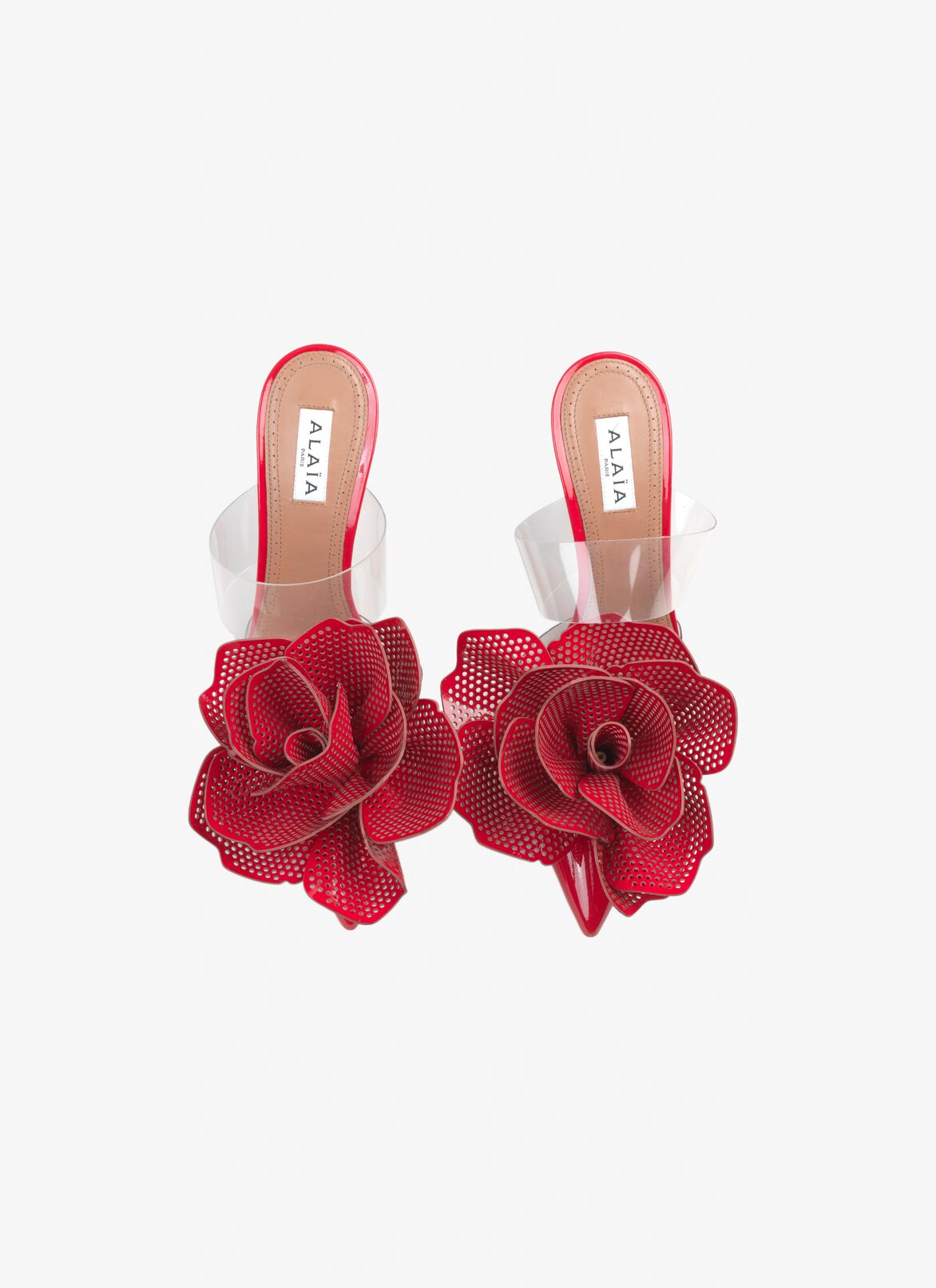 Flower mules in patent calfskin ALAÏA LACQUER RED FLOWER MULES IN PATENT CALFSKIN